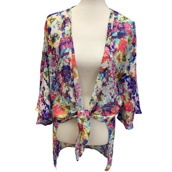 MOD Womens Medium Bright Floral Lightweight Flowy Front Tie Long Sleeve Coverup - Picture 3 of 6